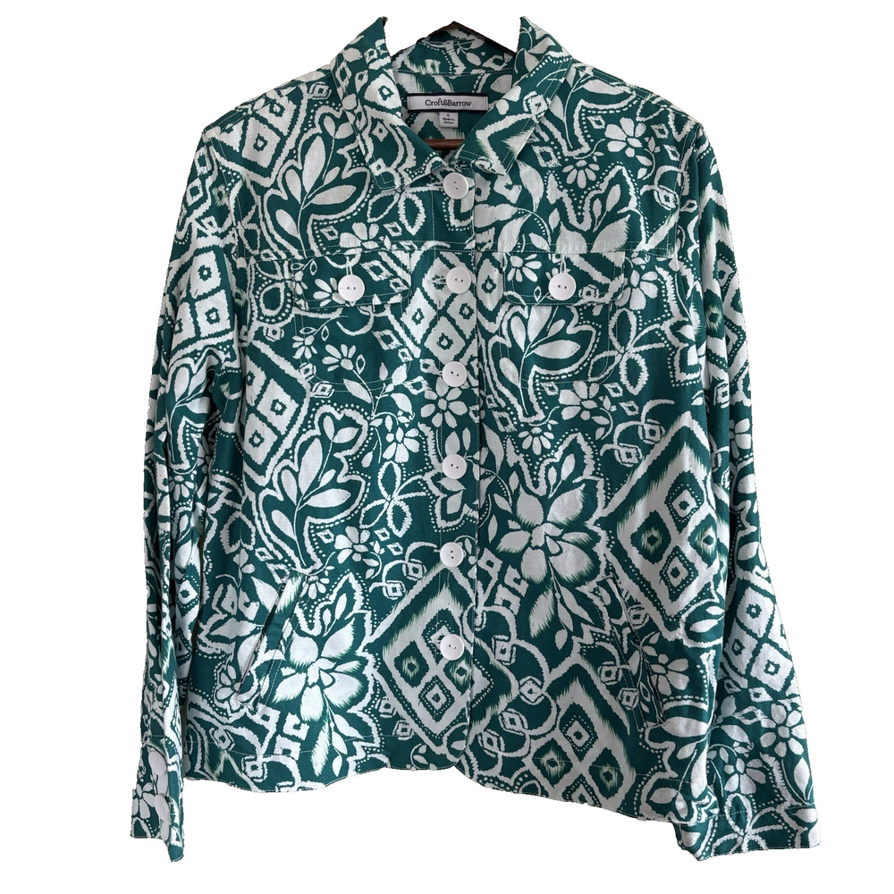 New Croft & Barrow Green & White Floral Blazer Jacket Size Large Linen Blend